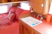 1956 Shasta trailer bedroom area at the end of the kitchen counter